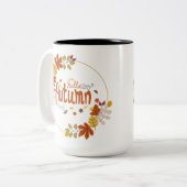 Hallo Herfst met bladontwerp Tweekleurige Koffiemok (Voorkant links)
