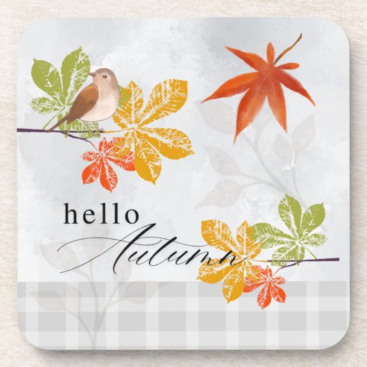 Hallo Herfst met vogel- en herfstbladeren Bier Onderzetter (Voorkant)