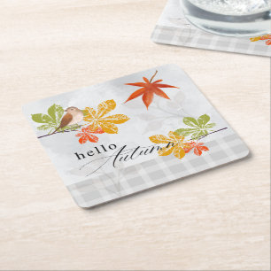 Hallo Herfst met vogel- en herfstbladeren Kartonnen Onderzetters