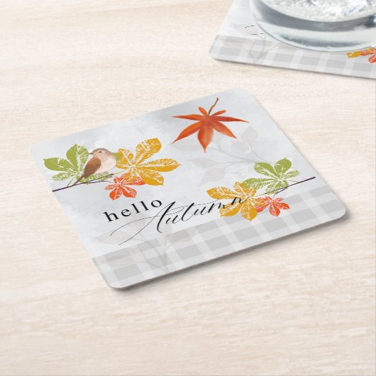 Hallo Herfst met vogel- en herfstbladeren Kartonnen Onderzetters (Schuin)