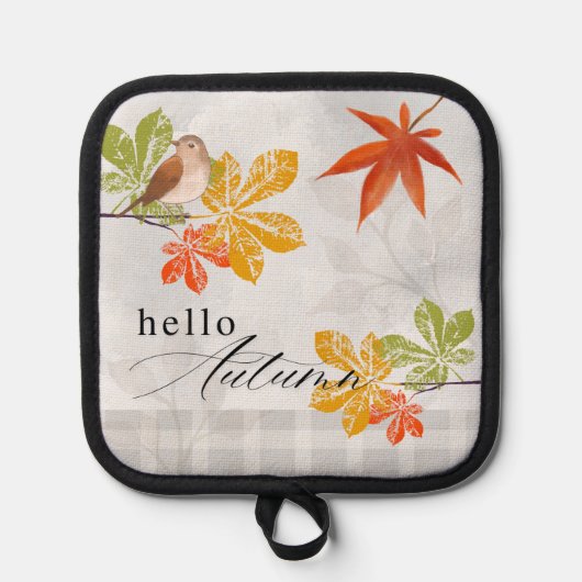 Hallo Herfst met vogel- en herfstbladeren Pannenlap (Voorkant)