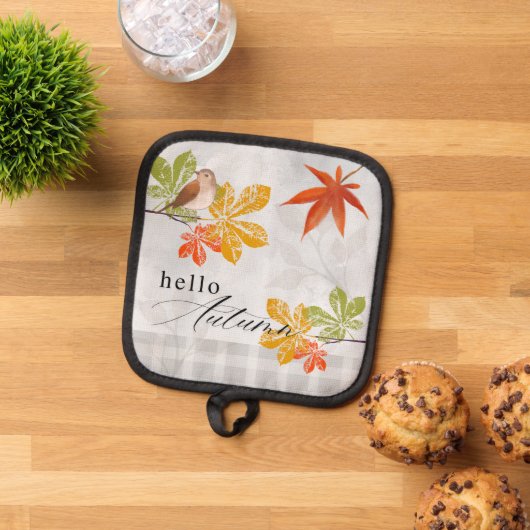 Hallo Herfst met vogel- en herfstbladeren Pannenlap (Top down)