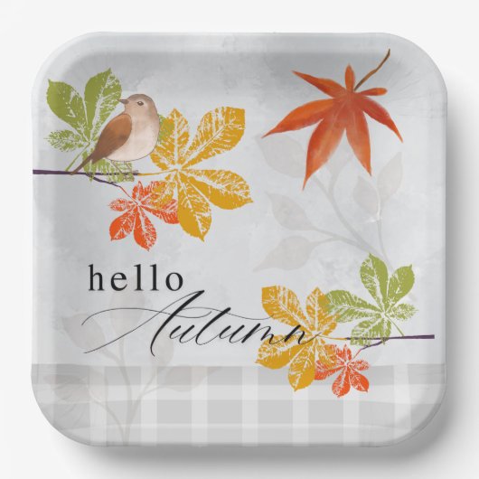 Hallo Herfst met vogel- en herfstbladeren Papieren Bordje (Voorkant)