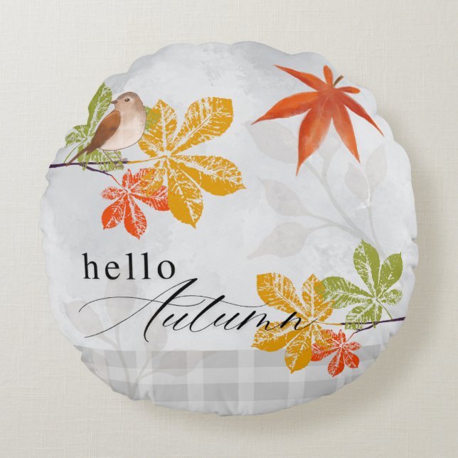 Hallo Herfst met vogel- en herfstbladeren Rond Kussen (Voorkant)