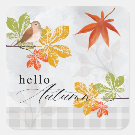 Hallo Herfst met vogel- en herfstbladeren Vierkante Sticker (Voorkant)