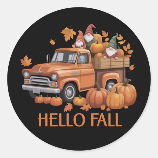 Hallo Herfst Pompoen Pickup Truck Gnome Herfstboom Ronde Sticker (Voorkant)