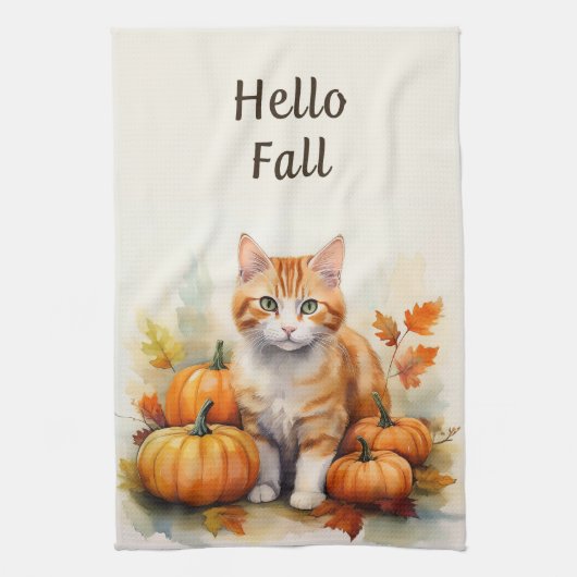 Hallo Herfst Sinaasappel Tabby Keuken Handdoek (Verticaal)