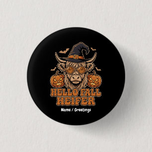 Hallo Herfst Vaarsken Halloween Hoogland Koe Retro Ronde Button 3,2 Cm
