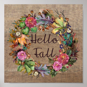 hallo Herfst   Waterverf Herfst bloemen en overlap Poster