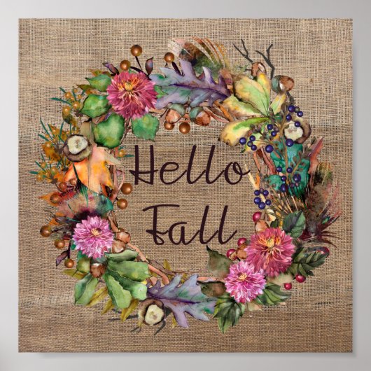 hallo Herfst | Waterverf Herfst bloemen en overlap Poster (Voorkant)