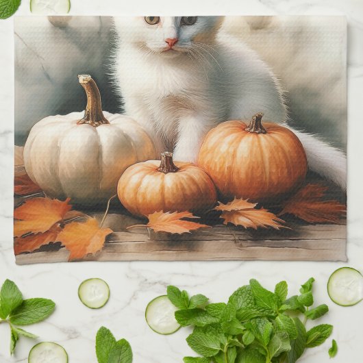 Hallo Herfst Witte Kitten Keuken Handdoek (Gevouwen)