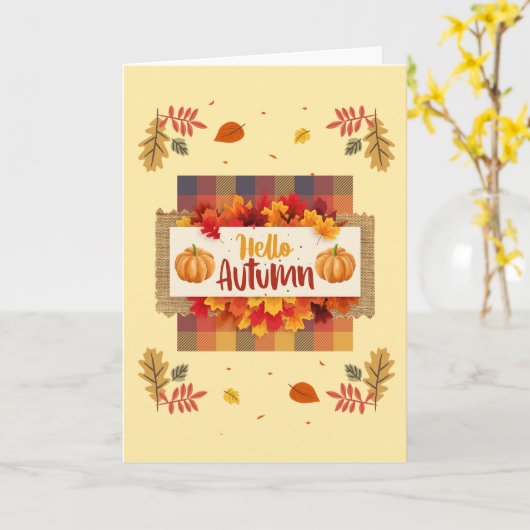Hallo Herfstbladeren en Geruite Wenskaart Kaart (Gele Bloem)