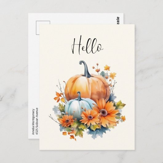 Hallo Herfstpompoenen met bloemen en bladeren Briefkaart (Voorkant / Achterkant)
