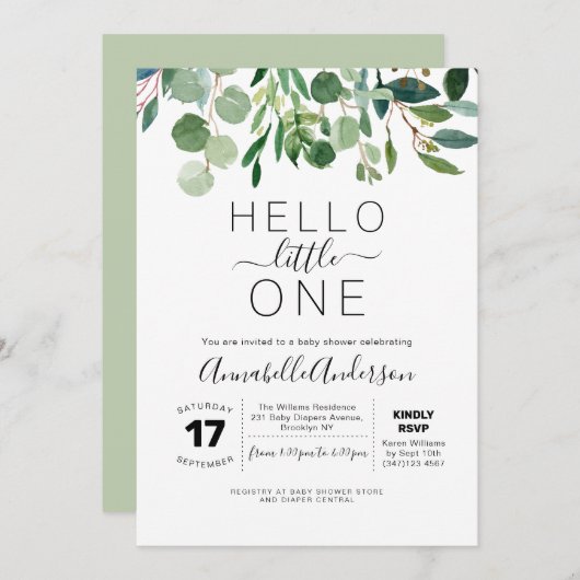 Hallo Het moderne Little One Greenery Baby shower Kaart (Voorkant / Achterkant)