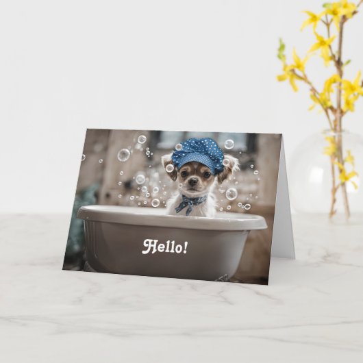 Hallo Hi Schattigee Chihuahua Puppy Hond in een Bu Kaart (Gele Bloem)