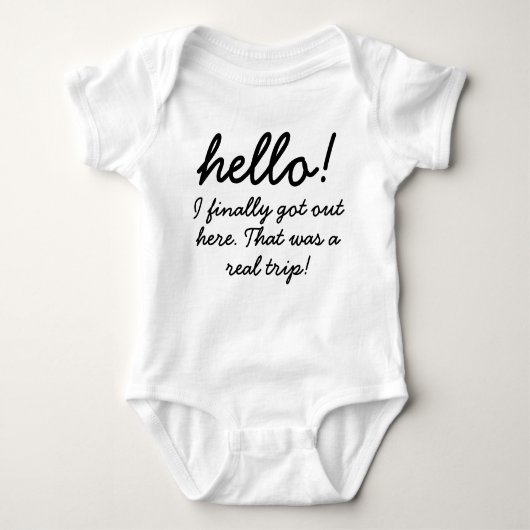 hallo! Ik ben eindelijk hier baby humor. Romper (Voorkant)