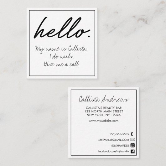 Hallo Ik citeer moderne zwart-wit typografie Vierkante Visitekaartje (Voorkant / Achterkant)