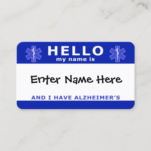 HALLO Ik heb alzheimers identificatie Visitekaartje (Voorkant)