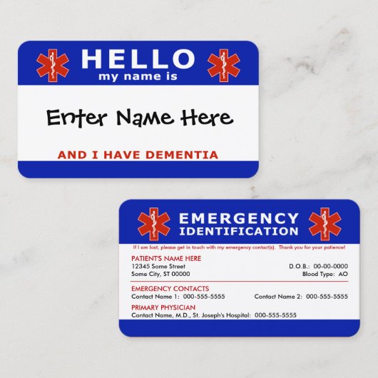 HALLO Ik heb dementie nood info Visitekaartje (Voorkant / Achterkant)