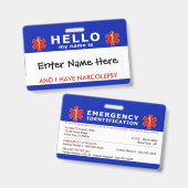 HALLO ik heb narcolepsie noodinformatie Badge (Voor- en achterkant)