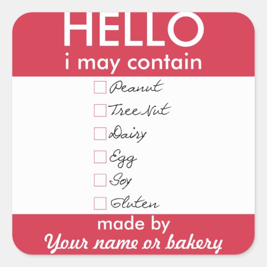 Hallo Ik kan allergenen bevatten gepersonaliseerde Vierkante Sticker (Voorkant)