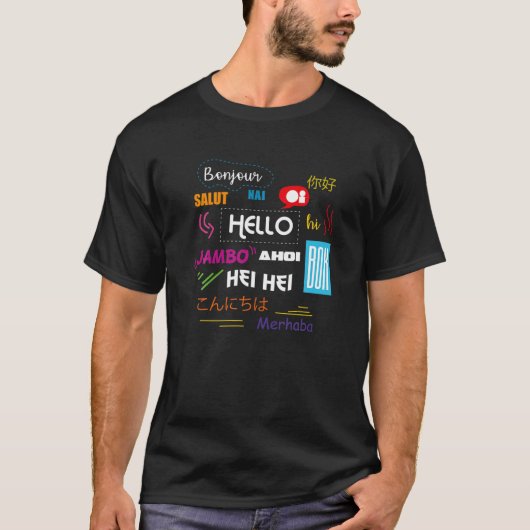 hallo in verschillende talen reizen toeristische t t-shirt (Voorkant)