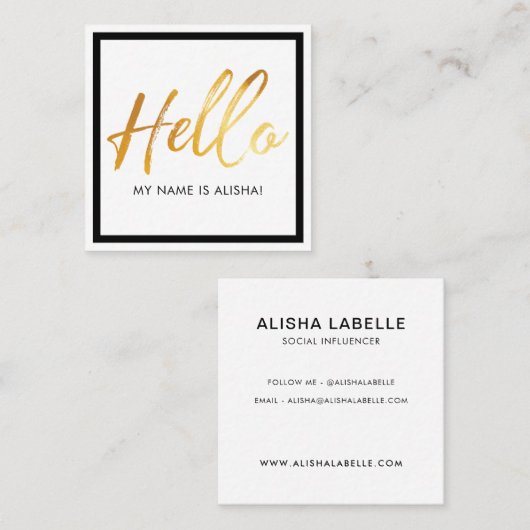 Hallo Introductie Gold Brush Script & Zwart Lijst Vierkante Visitekaartje (Voorkant / Achterkant)