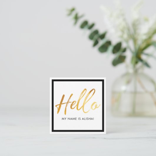 Hallo Introductie Gold Brush Script & Zwart Lijst Vierkante Visitekaartje (Staand voorkant)
