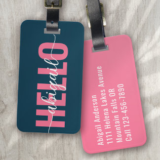 Hallo Jouw naam Roze Blauwe Kalligrafie Bagagelabel
