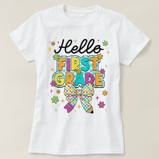 Hallo juf eerste klas Coquette potlood boog T-shirt (Design voorkant)