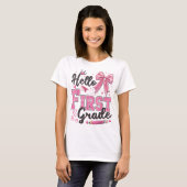 Hallo juf eerste klas Coquette potlood boog T-shirt (Voorkant volledig)