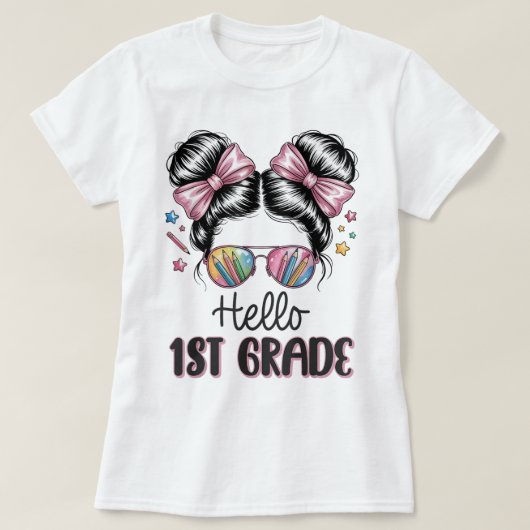 Hallo juf eerste klas Coquette potloodboog T-shirt (Design voorkant)