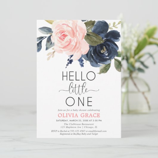 Hallo Kleine een roze marineblauw meisje baby show Kaart (Staand voorkant)