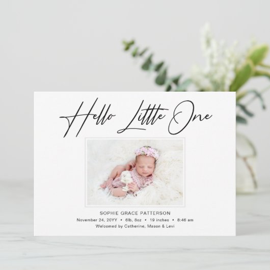 hallo kleine elegant Script Photo Birth Aankondiging (Staand voorkant)