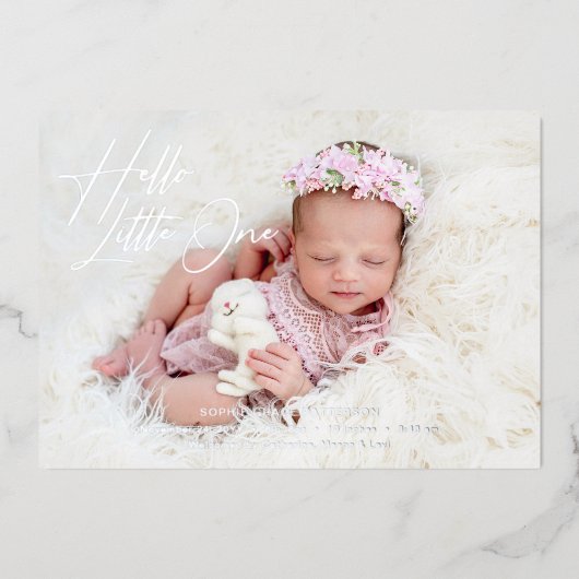 hallo kleine elegant Script Photo Birth Folie Feestdagenkaart (Voorkant)