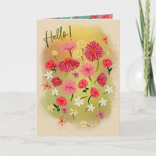 hallo!  kleine handmatige roze bloemen bedankkaart (Voorkant)