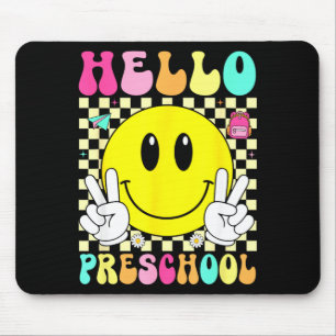 Hallo kleuterschool retro glimlach gezicht terug n muismat