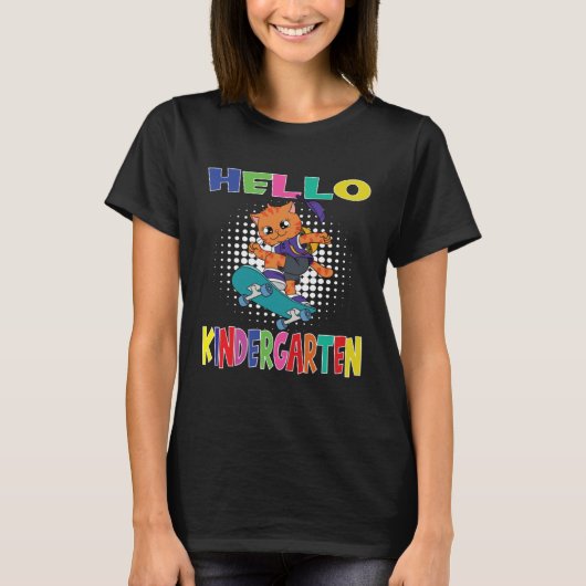 Hallo Kleuterschool Skateboardende Kat T-shirt (Voorkant)