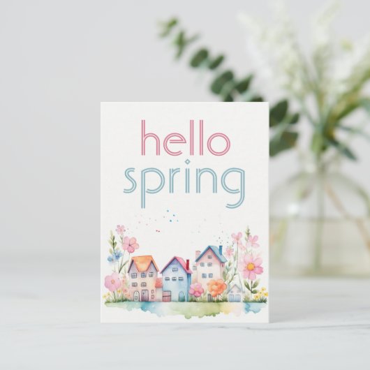 Hallo Lente Bloemen Waterverf Huis Promotie Briefkaart (Staand voorkant)