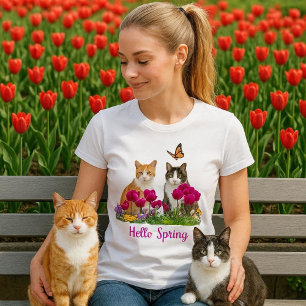 Hallo lente katten in tulpenbloementuin t-shirt