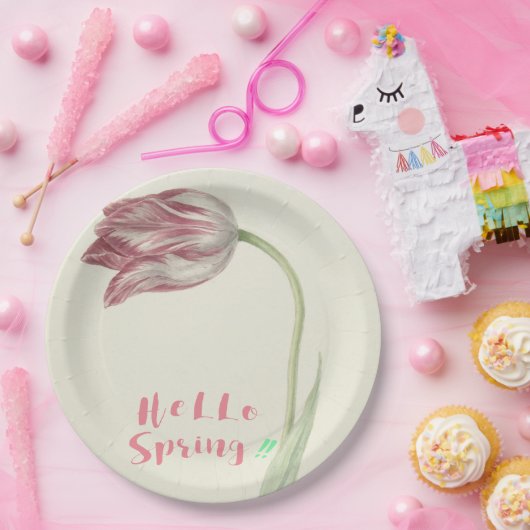 Hallo lente!  Nederlandse Kunst Roze & Witte Tulp Papieren Bordje (Feest)