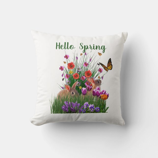 Hallo Lente Paashaas en Bloementuin  Kussen (Voorkant)
