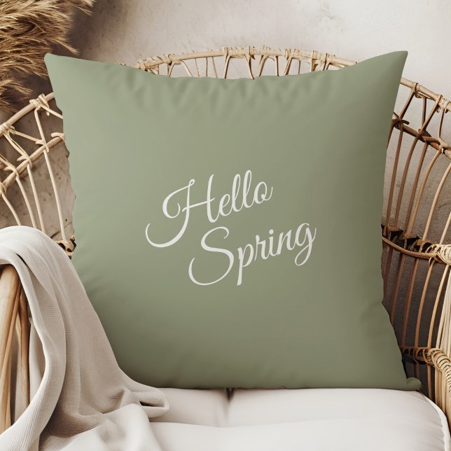 Hallo Lente Salie Groene Worp Kussen (Hello Spring Sage Green Throw Pillow in a  boho neutral rattan armchair.)