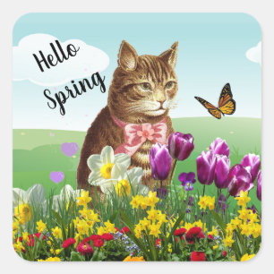 Hallo lente seizoenskat in tuin vierkante sticker