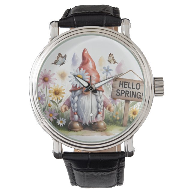 Hallo Lente Tuinkabouter: Schattige Kabouter met V Horloge (Voorkant)