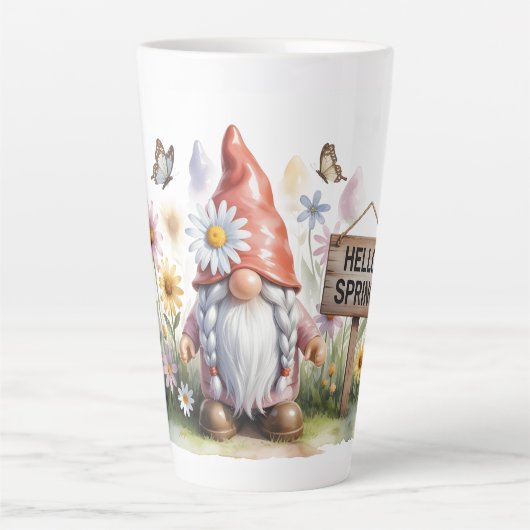 Hallo Lente Tuinkabouter: Schattige Kabouter met V Latte Mok (Voorkant)