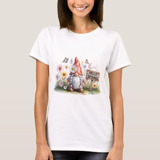 Hallo Lente Tuinkabouter: Schattige Kabouter met V T-shirt (Voorkant)