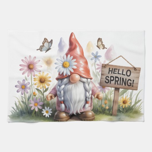 Hallo Lente Tuinkabouter: Schattige Kabouter met V Theedoek (Horizontaal)
