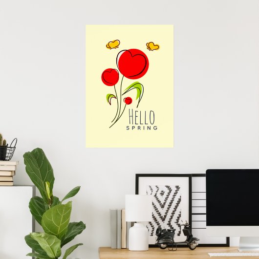 hallo Lentekst met Cute Red Heart Flowers Poster (Thuiskantoor)