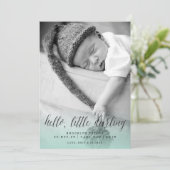 Hallo Little Darling Aqua Blue Foto Jongen Geboort Aankondiging (Staand voorkant)